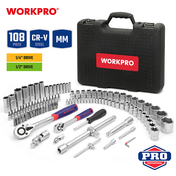 WORKPRO 108PC Chrome Vanadium Steel Vehicle Repairing Universal Joint Tool Set Ratchet Torque Wrench Socket Set