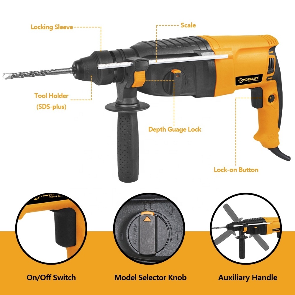 WORKSITE Multifunction 26Mm Electric Rotary Hammer Manufacturers Power Tools 220V 3 Function SDS Max Rotary Hammer Drill