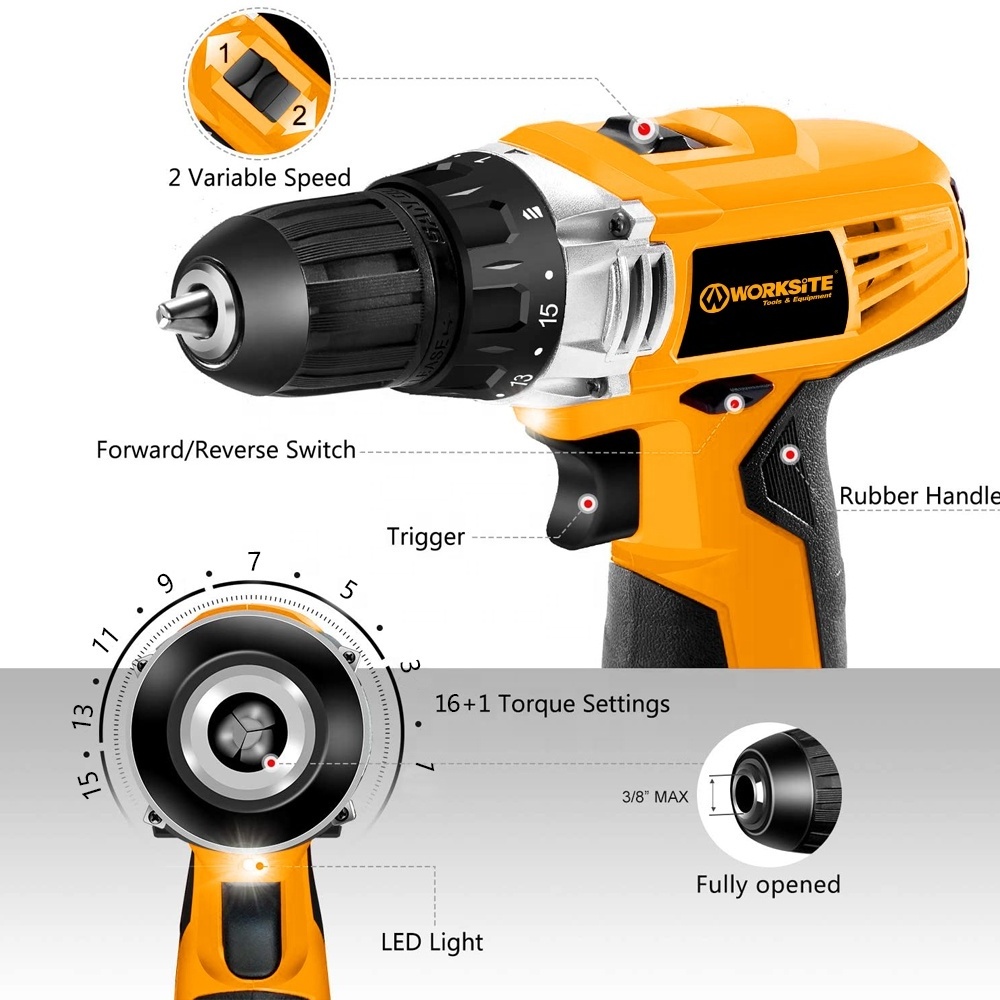 WORKSITE  Drilling Machine Lithium Battery Rechargeable  Handheld Portable Cordless 12V Power Drills