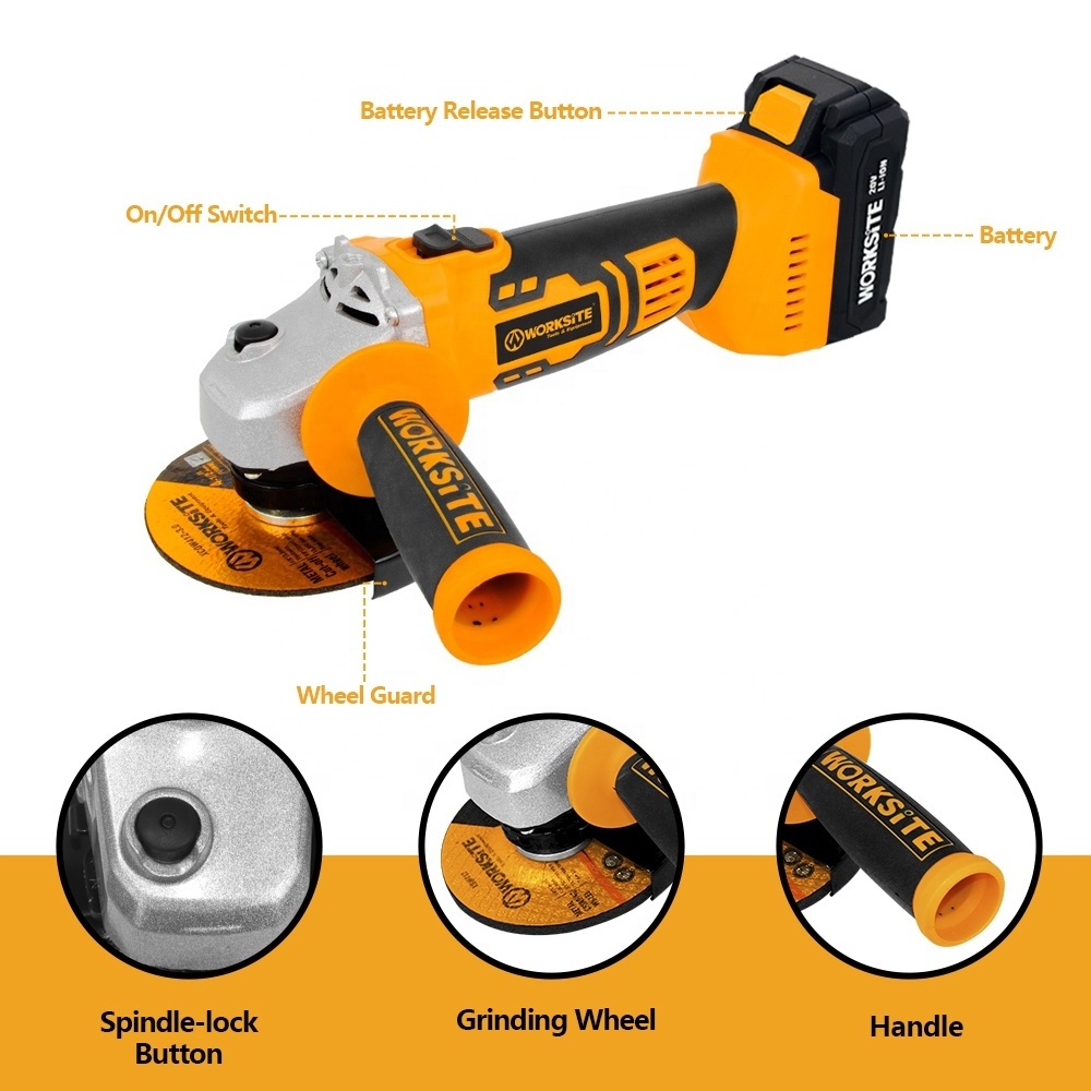 WORKSITE Customized 20V Angle Grinder 4-Pole Motor Metal Cutting Grinding Power Mini Cordless Angle Grinder 115mm