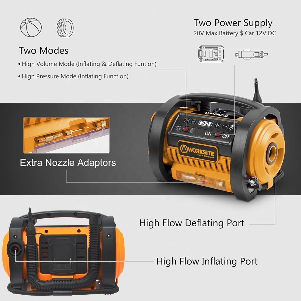 WORKSITE Customized 150PSI Tire Inflators 120V AC/20V Battery/12V DC Air Compressor Vehicle Cordless Inflator/Deflator