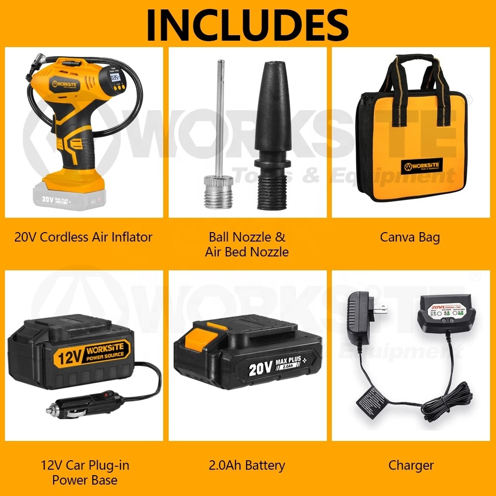 WORKSITE Customized Air Pump 20V/12v DC 150PSI Battery Car Bike Air Compressor Digital Portable Tyre Cordless Inflator