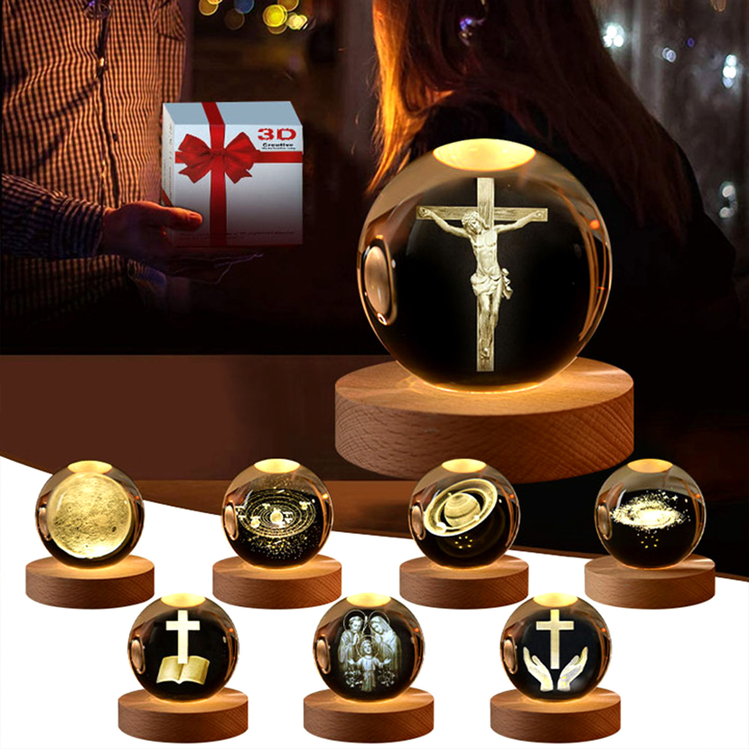 Solar System Planet Sphere 3D Laser Engraved 60mm Crystal Ball Wood Base LED Light Night Lamp