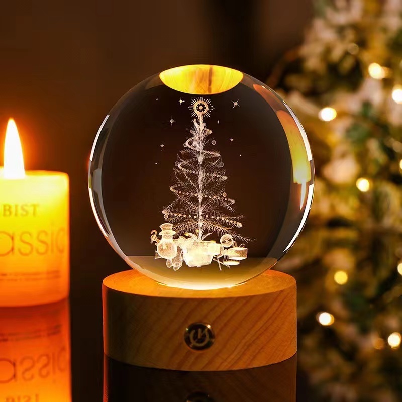 Christmas Gift 3D 6cm Glass Ball Galaxy Wooden Base Solar System Planet LED Light Bedroom Table Desk Decoration Night Light