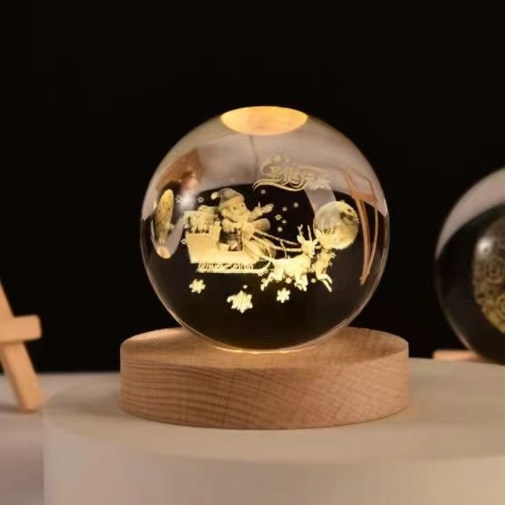 Christmas Gift 3D 6cm Glass Ball Galaxy Wooden Base Solar System Planet LED Light Bedroom Table Desk Decoration Night Light