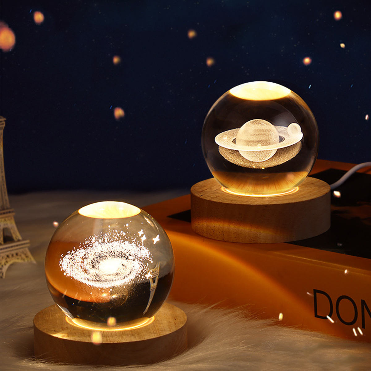 Solar System Planet Sphere 3D Laser Engraved 60mm Crystal Ball Wood Base LED Light Night Lamp