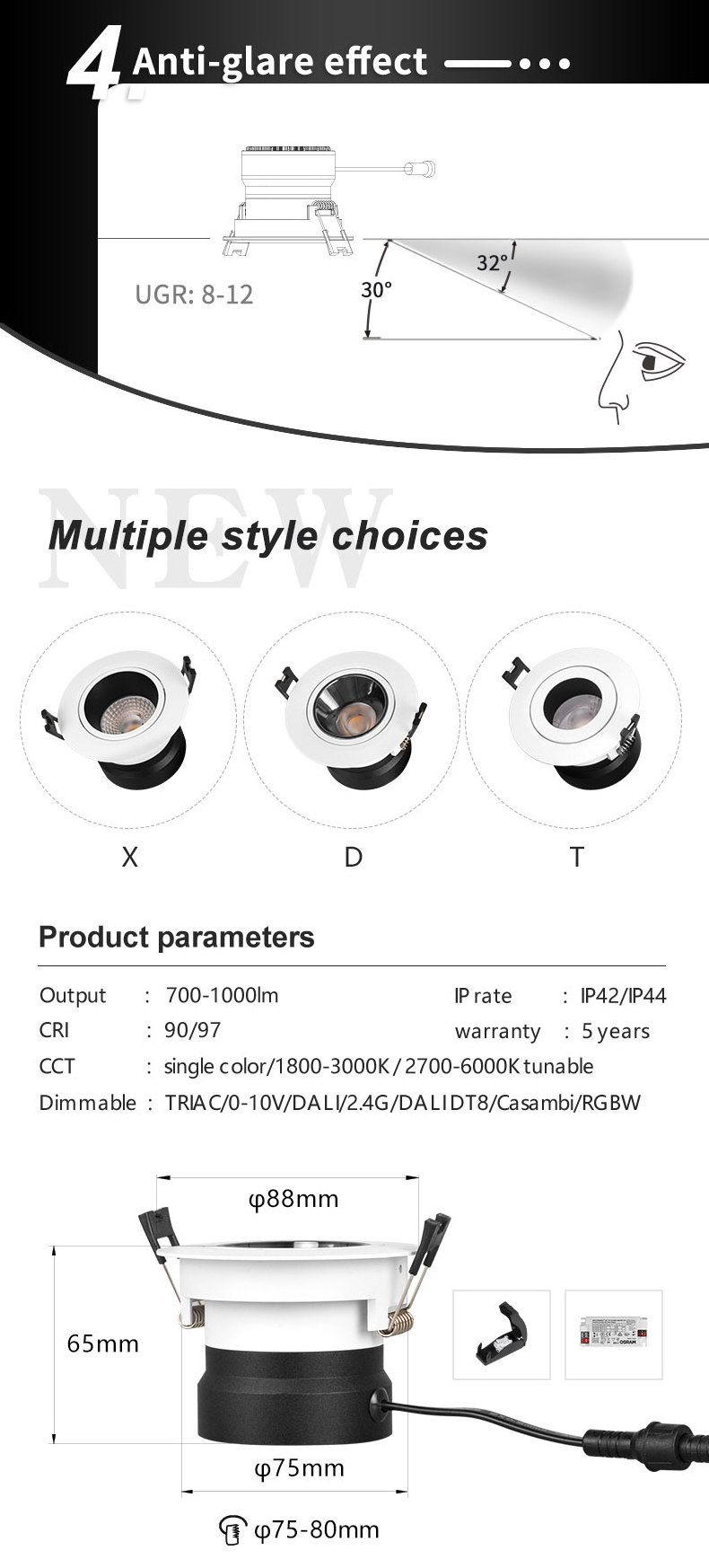 15W LED Tri-color Dimmer Spotlights Ceiling Recessed COB Led Downlight Aluminum Anti Glare Led Adjustable Recessed Lighting