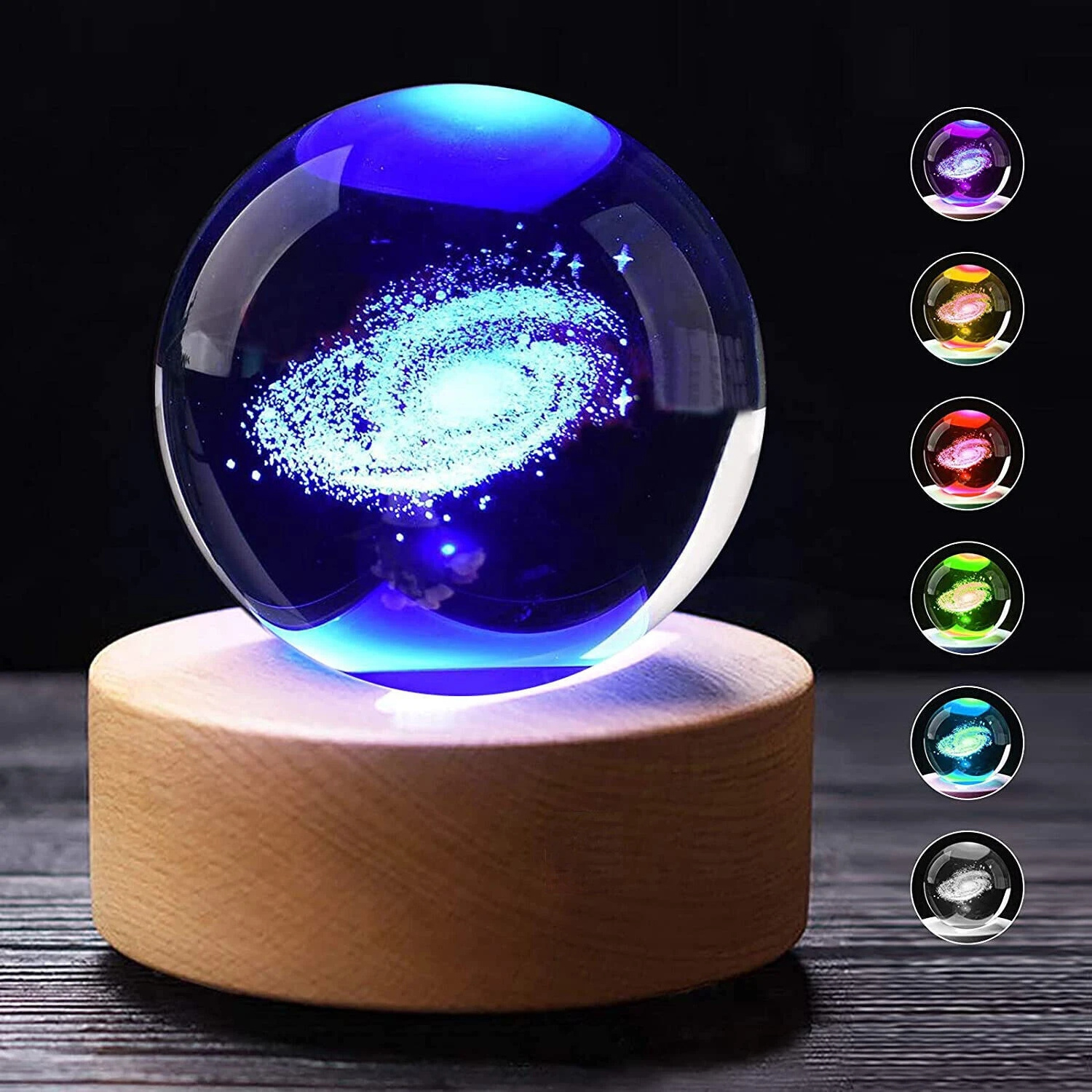 Solar System Planet Sphere 3D Laser Engraved 60mm Crystal Ball Wood Base LED Light Night Lamp