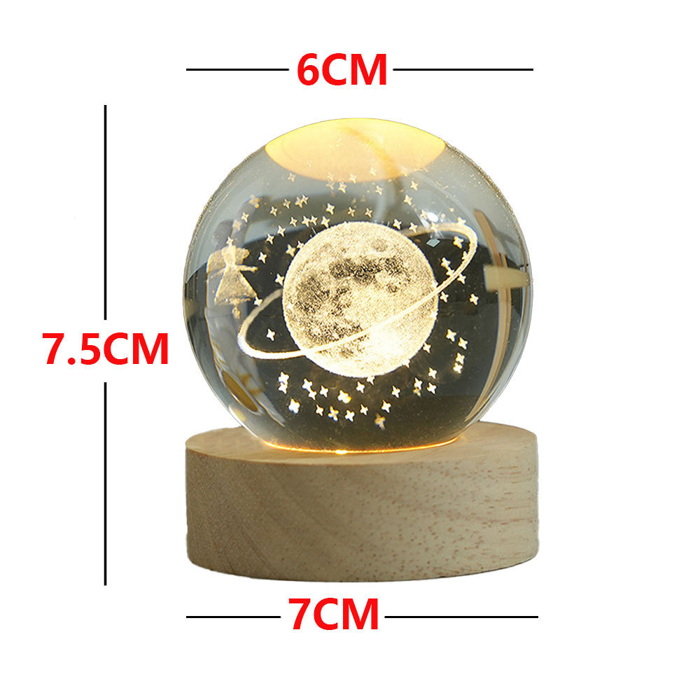 Customized 6cm 3D Crystal Ball LED Light Modern Solar System Planet Pattern on Wooden Base for Home Decor Desktop Decorations