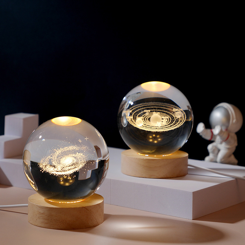 Solar System Planet Sphere 3D Laser Engraved 60mm Crystal Ball Wood Base LED Light Night Lamp