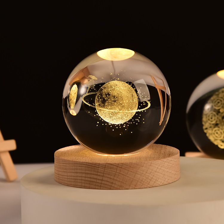 Crystal Ball 3D Night Lamp Solar System Luminous Wooden Tabletop Ornament LED Night Lights Desktop Home Decor