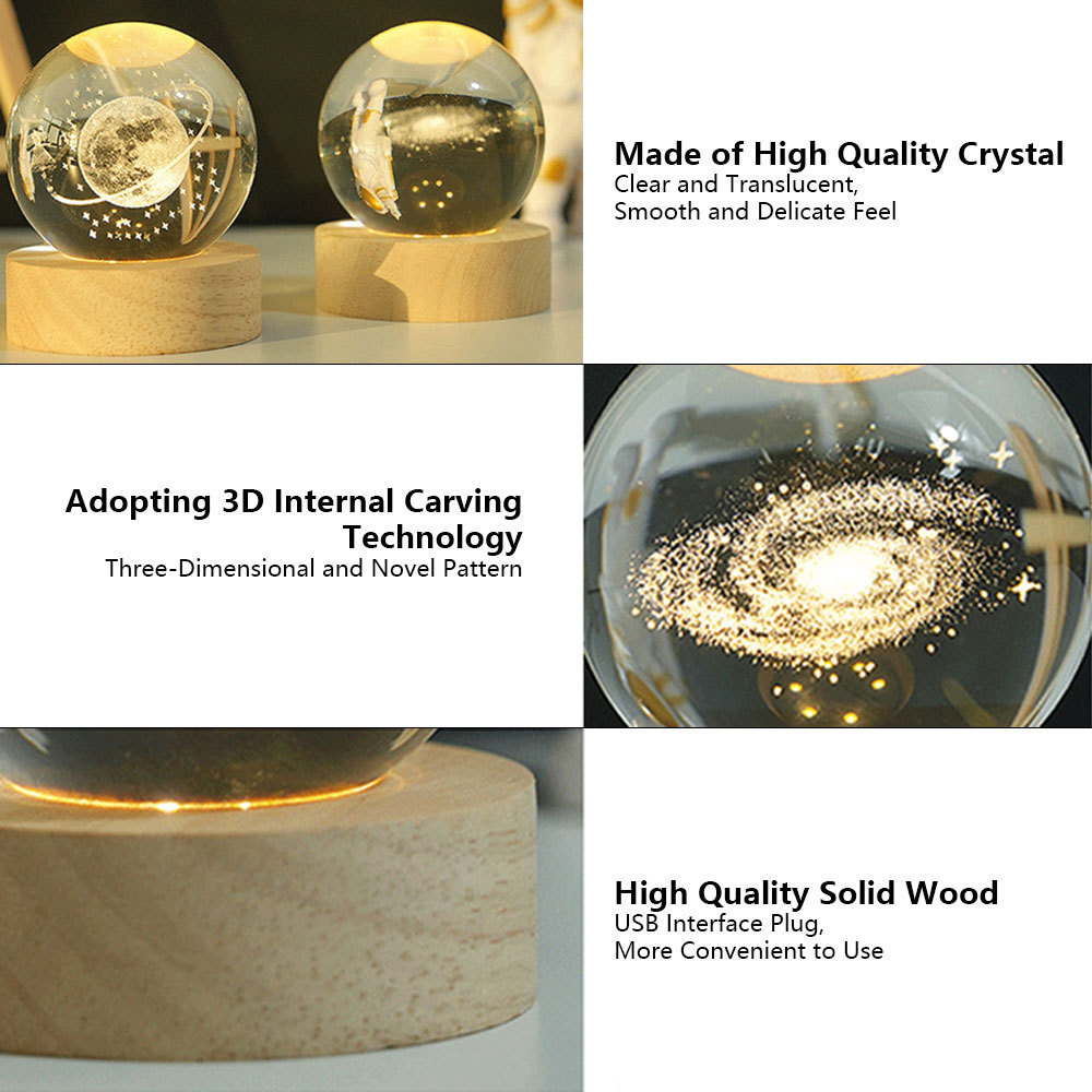 Customized 6cm 3D Crystal Ball LED Light Modern Solar System Planet Pattern on Wooden Base for Home Decor Desktop Decorations