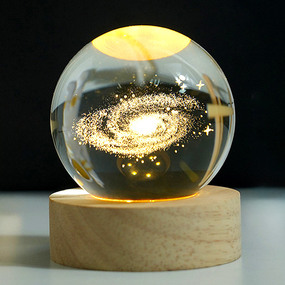 Customized 6cm 3D Crystal Ball LED Light Modern Solar System Planet Pattern on Wooden Base for Home Decor Desktop Decorations