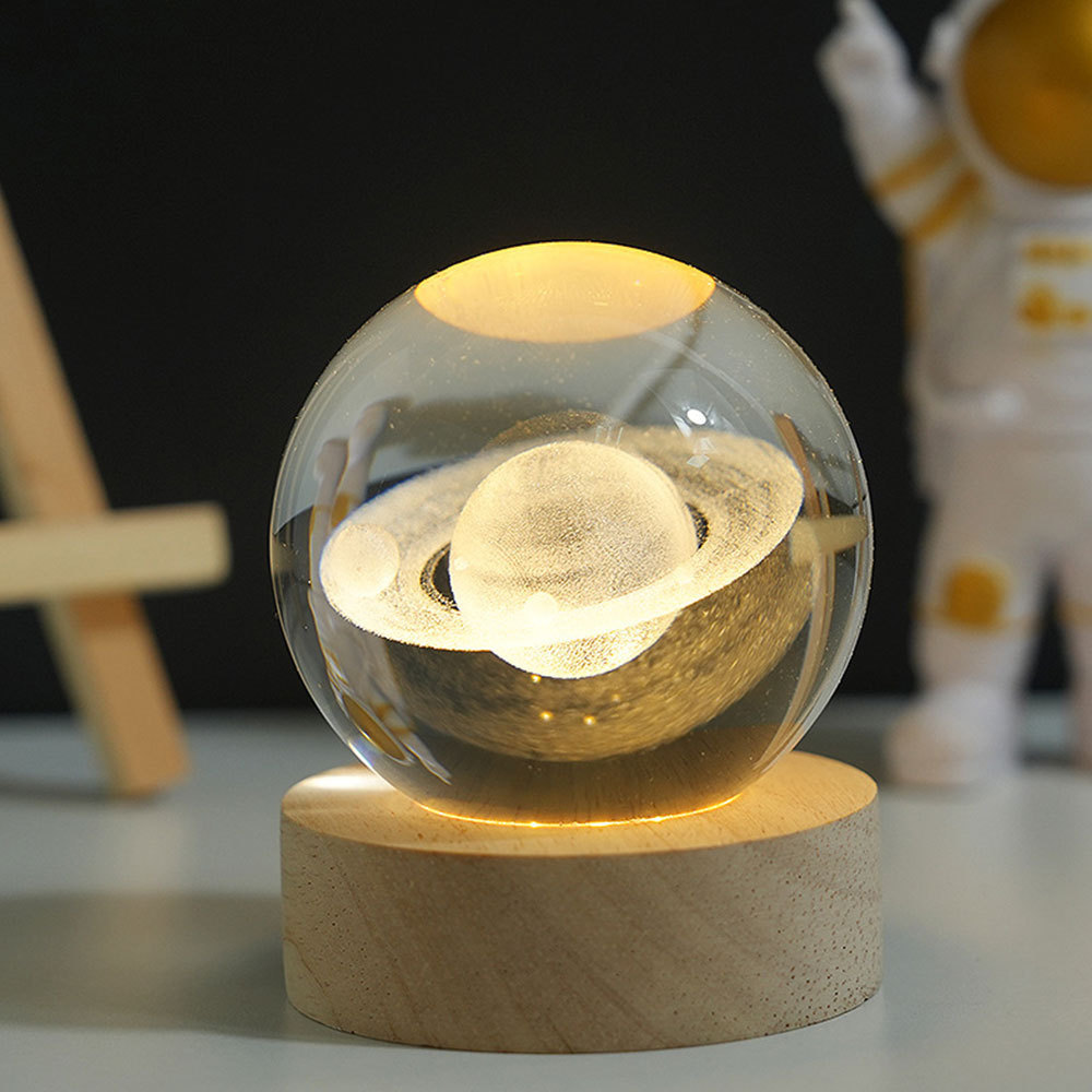 Customized 6cm 3D Crystal Ball LED Light Modern Solar System Planet Pattern on Wooden Base for Home Decor Desktop Decorations