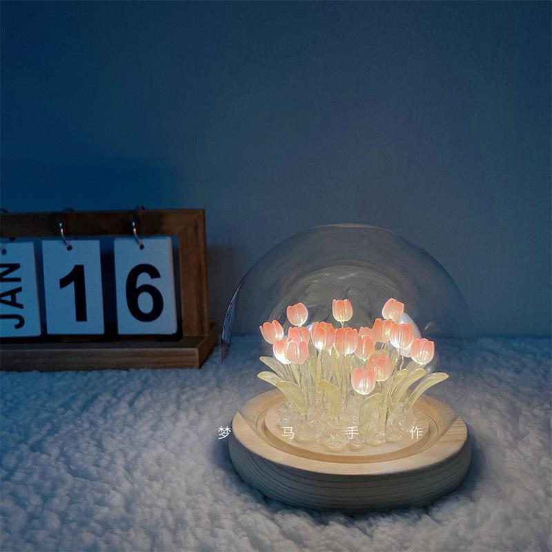 Hot Sale Creative Pink/purple Flower Bedroom Decoration Glass Cover Led Night Lights Battery Flower Lampara De Tulipan For Gift