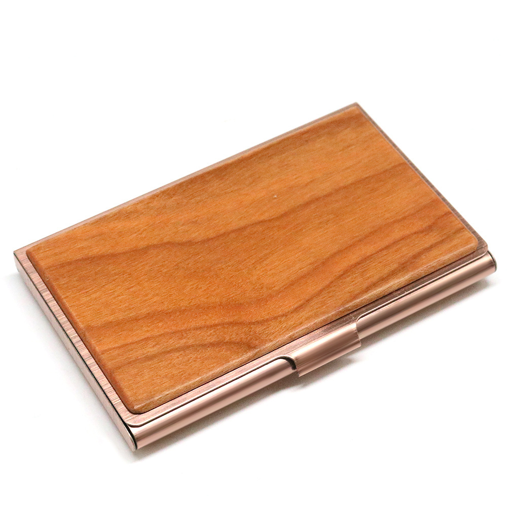 Custom hot sale business card case small slim real wood and stainless steel name card Wooden metal card holder