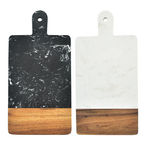 Nice Marble joint acacia wood black and white marble cutting board with handle wooden chopping board