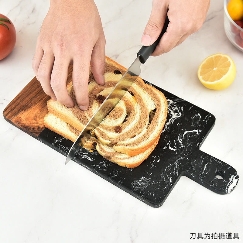 Nice Marble joint acacia wood black and white marble cutting board with handle wooden chopping board