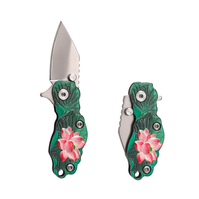 Outdoor folding high hardness portable mini 3D lotus embossed key multi-purpose self-defense folding knife