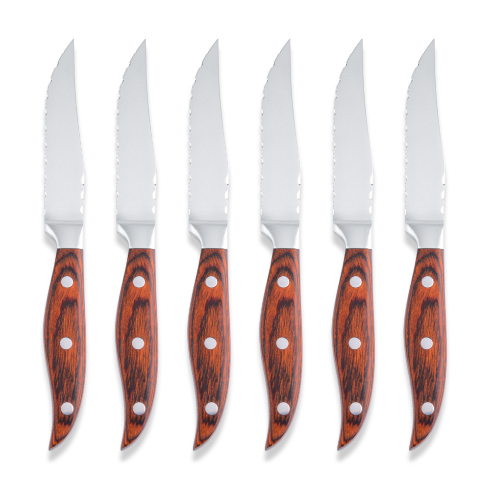 KN456A45FR Stainless Steel 4 inch Red Pakka Wood Handle 6 Pack Set Steak Knife