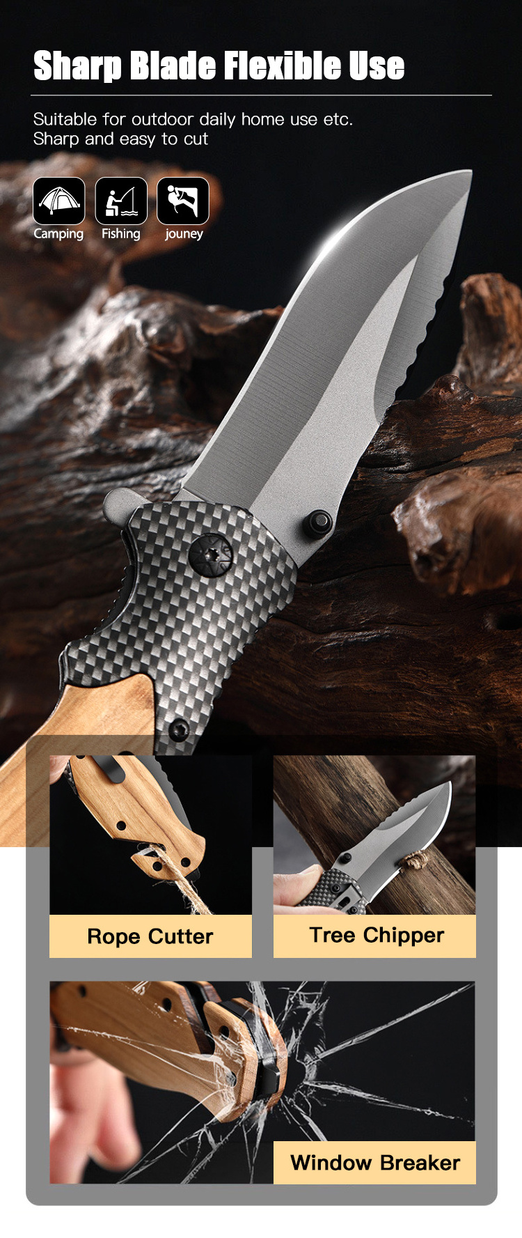 TLX50 New Design Camping Olive Wood Handle Tactical Folding Knife EDC Pocket Outdoor Hunting Knives