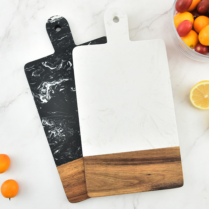 Nice Marble joint acacia wood black and white marble cutting board with handle wooden chopping board