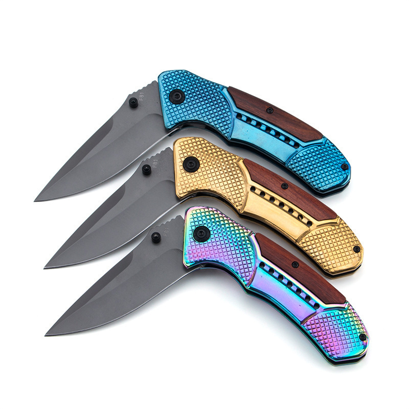 Best Stainless Steel Titanium Plating Folding Knife Steel&Wood Handle Edc Camp Survival Folding Pocket Knife