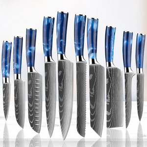 Japanese 10 Pcs Luxury Resin Handle Stainless Stain Damascus Texture Blade Professional Bread Nakiri Chef Kitchen Knife Set