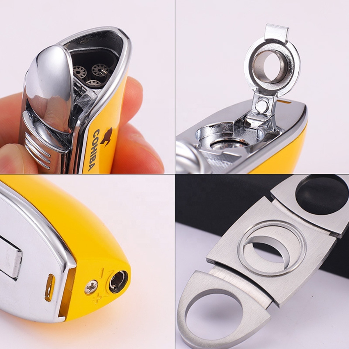 Cigar Cutter With Lighter Set 3 Jet Blue Flame Refillable Lighter With Cigar Punch