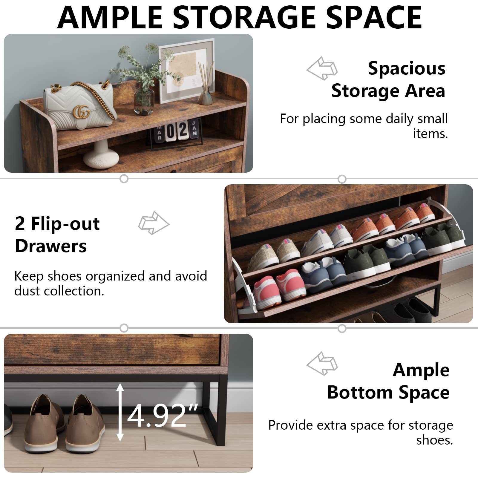 Entryway Shoe Rack with Top Storage Cubby,  Freestanding Tipping Bucket Shoe Cabinet with 2 Flip Drawers