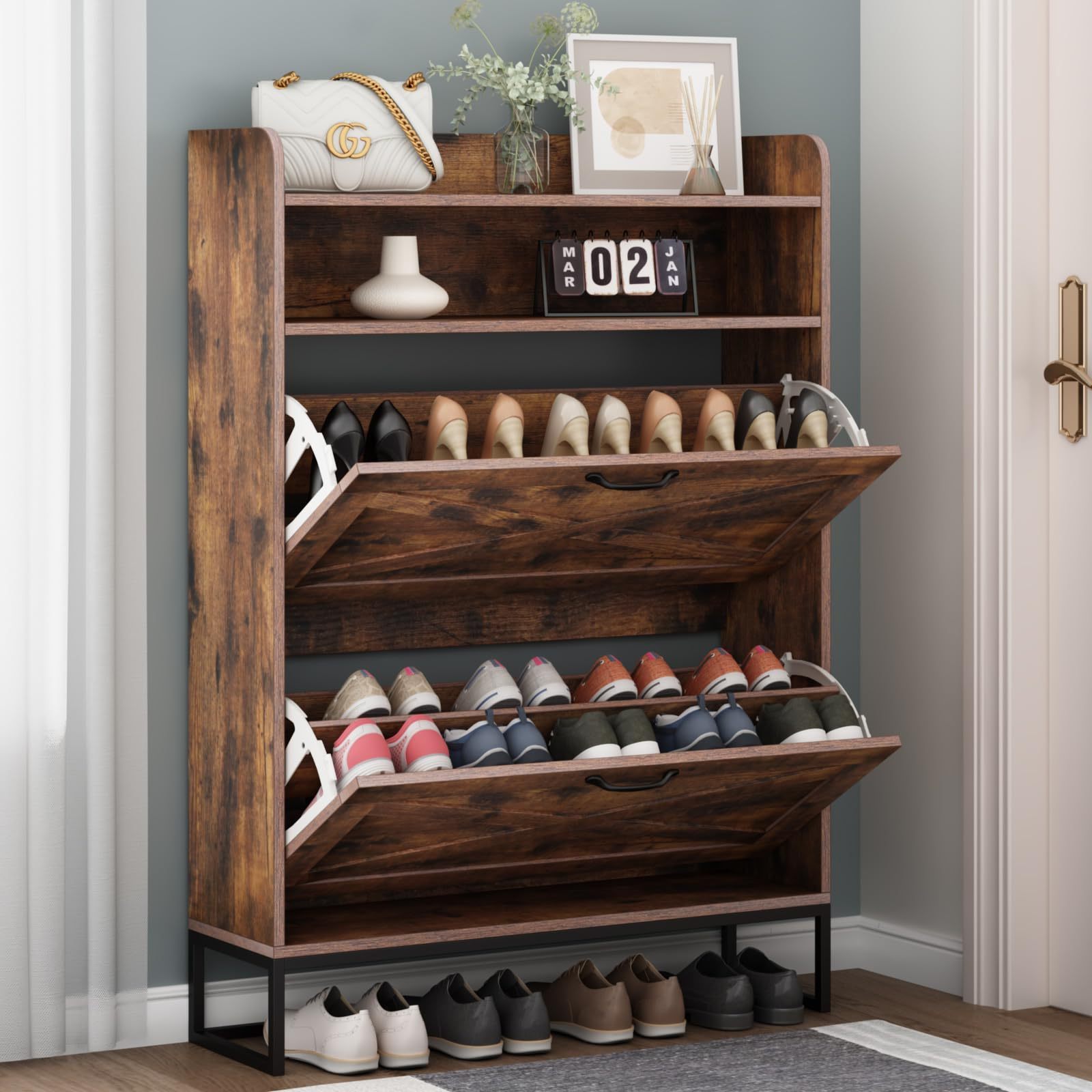 Entryway Shoe Rack with Top Storage Cubby,  Freestanding Tipping Bucket Shoe Cabinet with 2 Flip Drawers