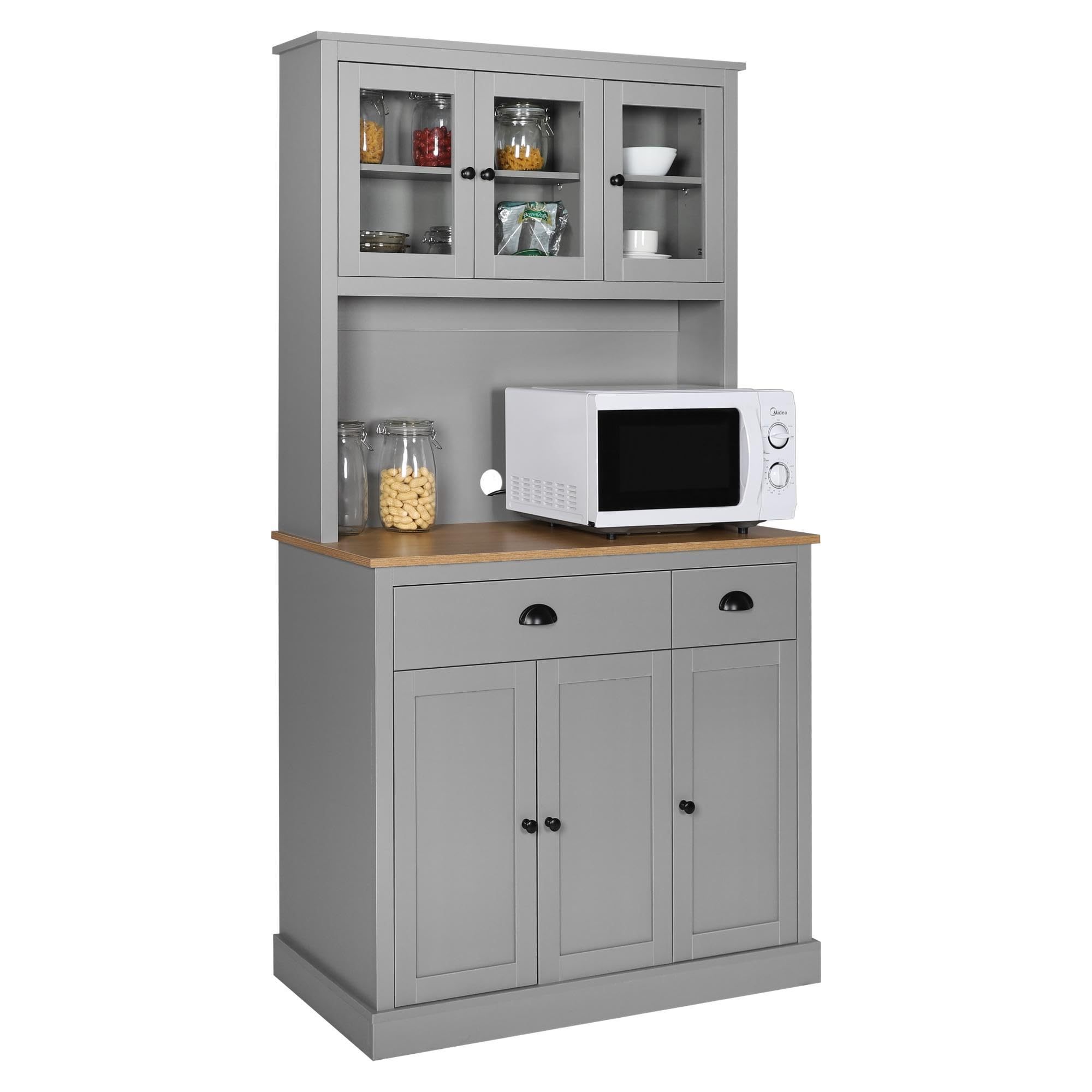 71'' Freestanding Hutch Cabinet Kitchen Pantry Storage Cabinet with Microwave Stand Buffet Cupboard, Drawers and Doors for Home