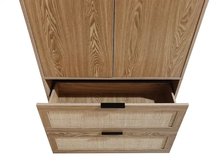 Bedroom Furniture 2 Open Door 2 Drawer Model Design Wooden Clothing Armoire Wardrobe For Clothes Storage  wardrobe with rattan