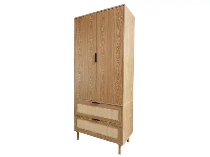 Bedroom Furniture 2 Open Door 2 Drawer Model Design Wooden Clothing Armoire Wardrobe For Clothes Storage  wardrobe with rattan