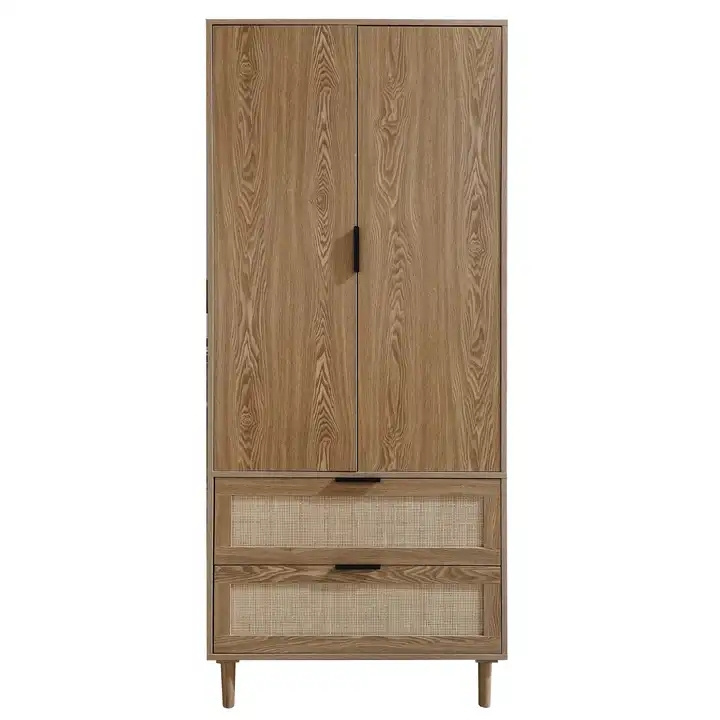 Bedroom Furniture 2 Open Door 2 Drawer Model Design Wooden Clothing Armoire Wardrobe For Clothes Storage  wardrobe with rattan