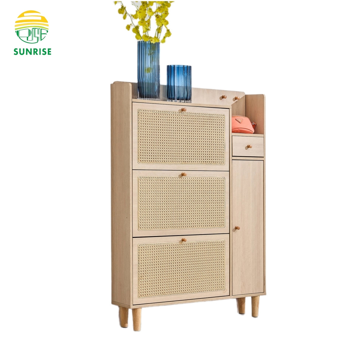 Stackable Tall Shoe Flip Cabinet Multi Storage Layer Shoe Rack Organizer Wooden with Real Rattan Shoe Cabinet Organizer