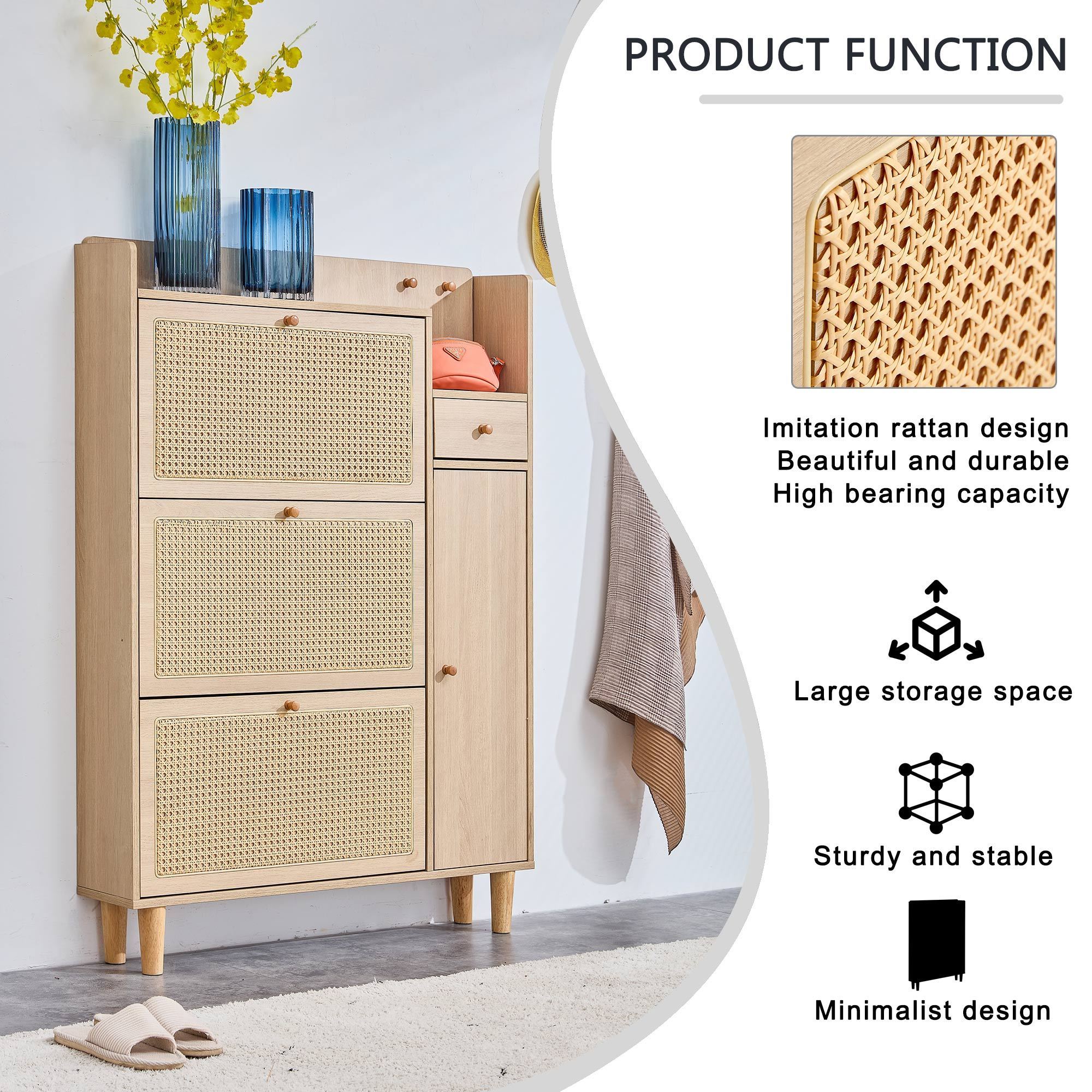 Stackable Tall Shoe Flip Cabinet Multi Storage Layer Shoe Rack Organizer Wooden with Real Rattan Shoe Cabinet Organizer