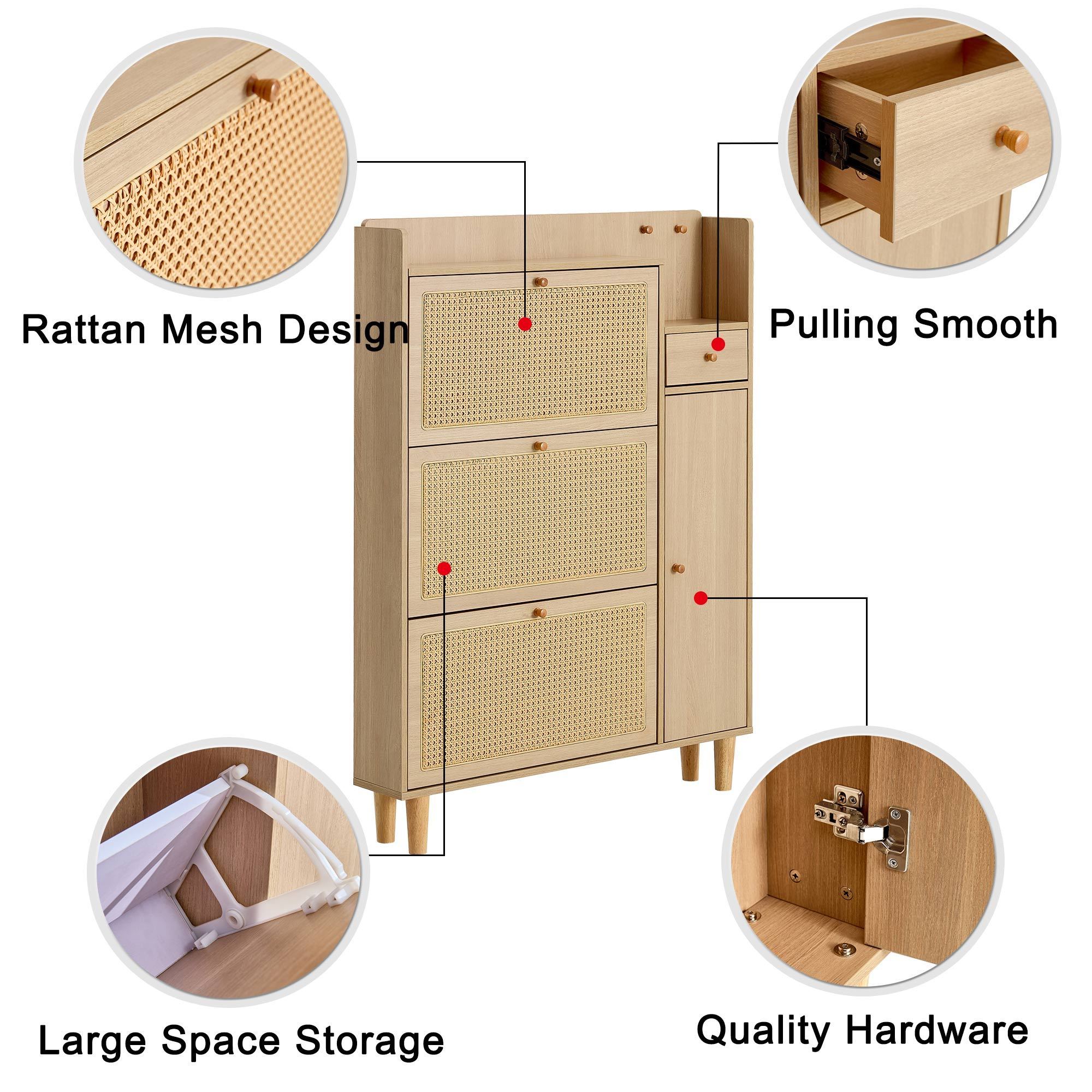 Stackable Tall Shoe Flip Cabinet Multi Storage Layer Shoe Rack Organizer Wooden with Real Rattan Shoe Cabinet Organizer