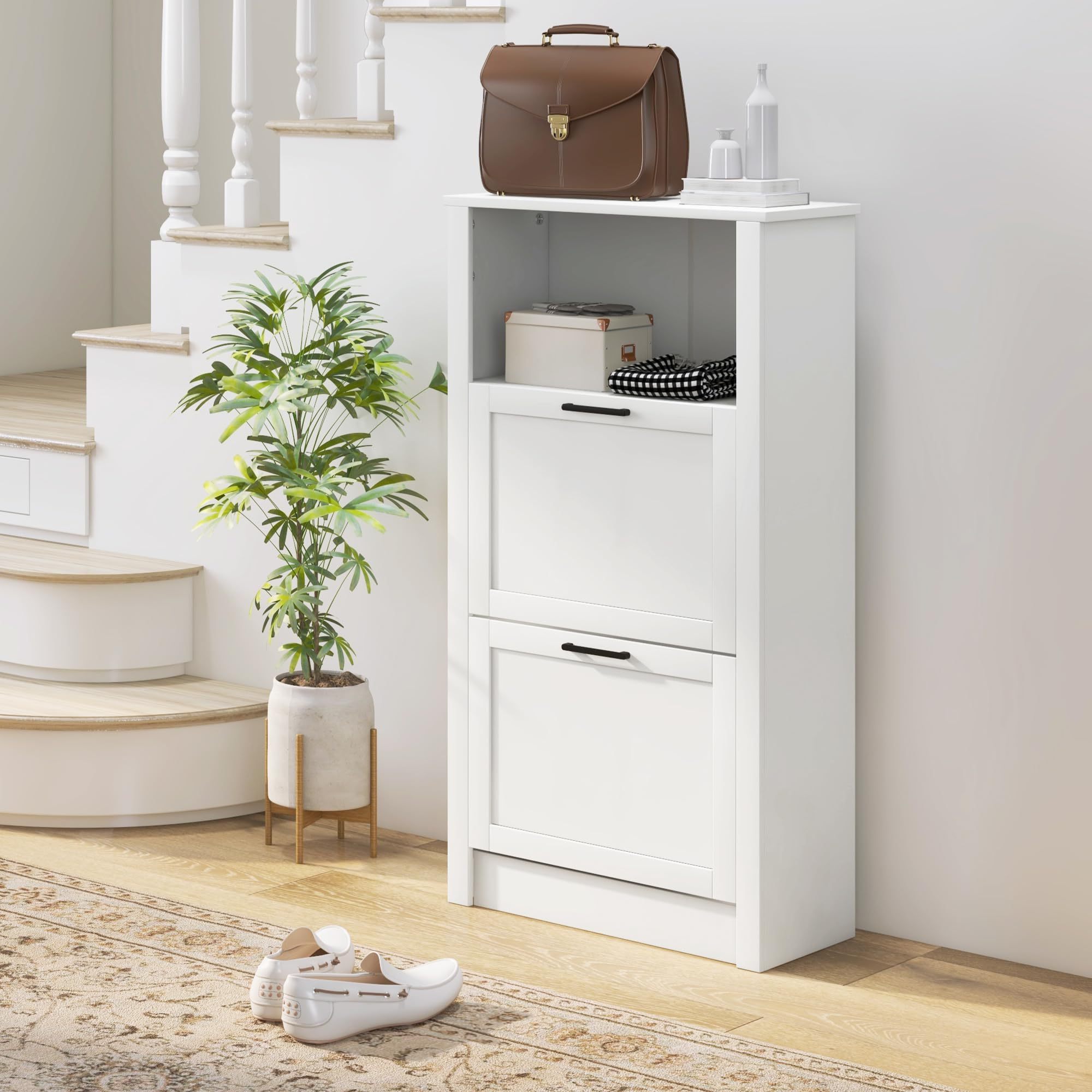 Freestanding Adjustable Shelves Shoe Cabinet 2 Flip Drawers Wooden storage Shoe Cabinet Open Compartment for Entryway Furniture