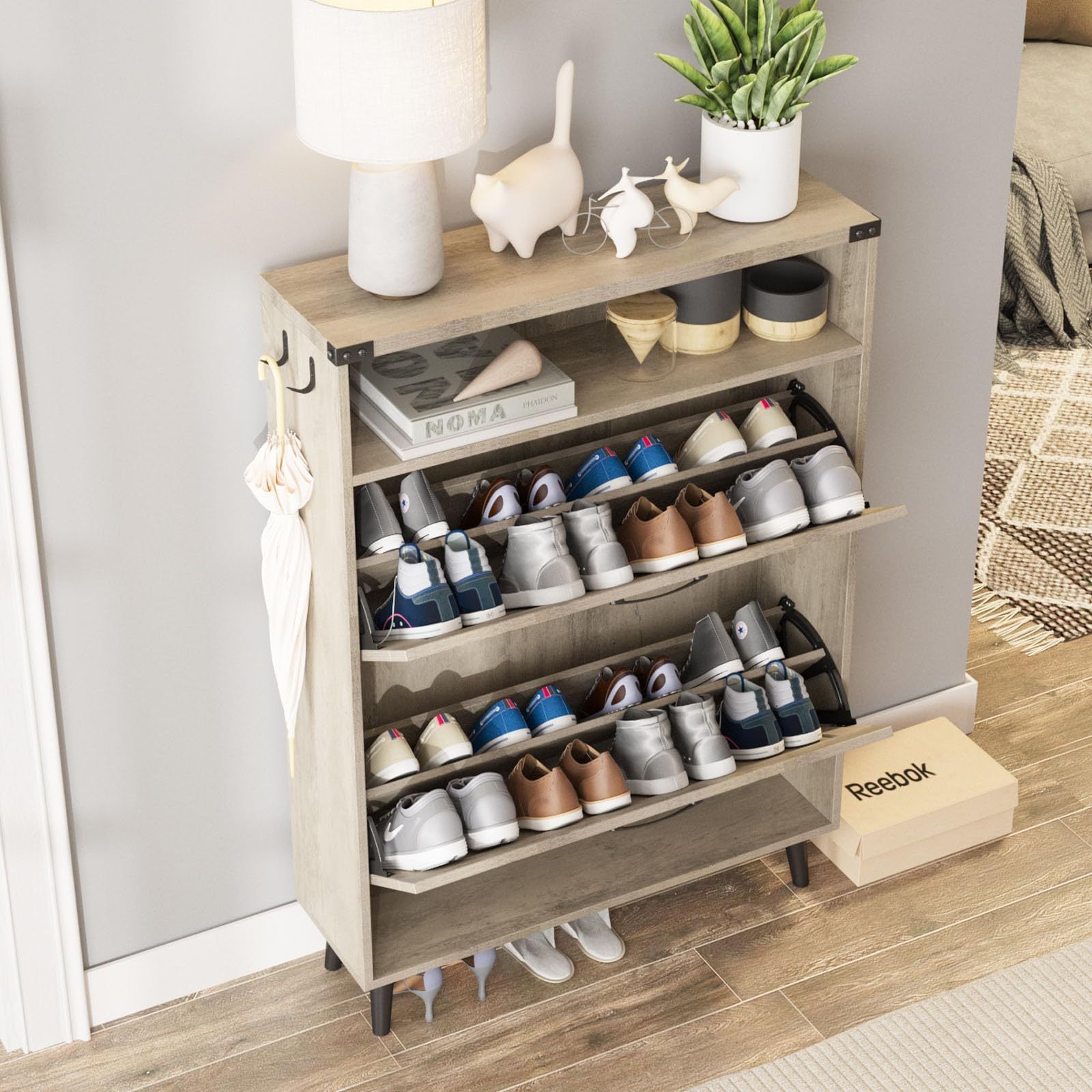 Farmhouse Entryway Shoe Cabinet Storage Cabinet Rustic Thin Shoe Racks online Organizer with 2 Flip Drawers and Open Storage