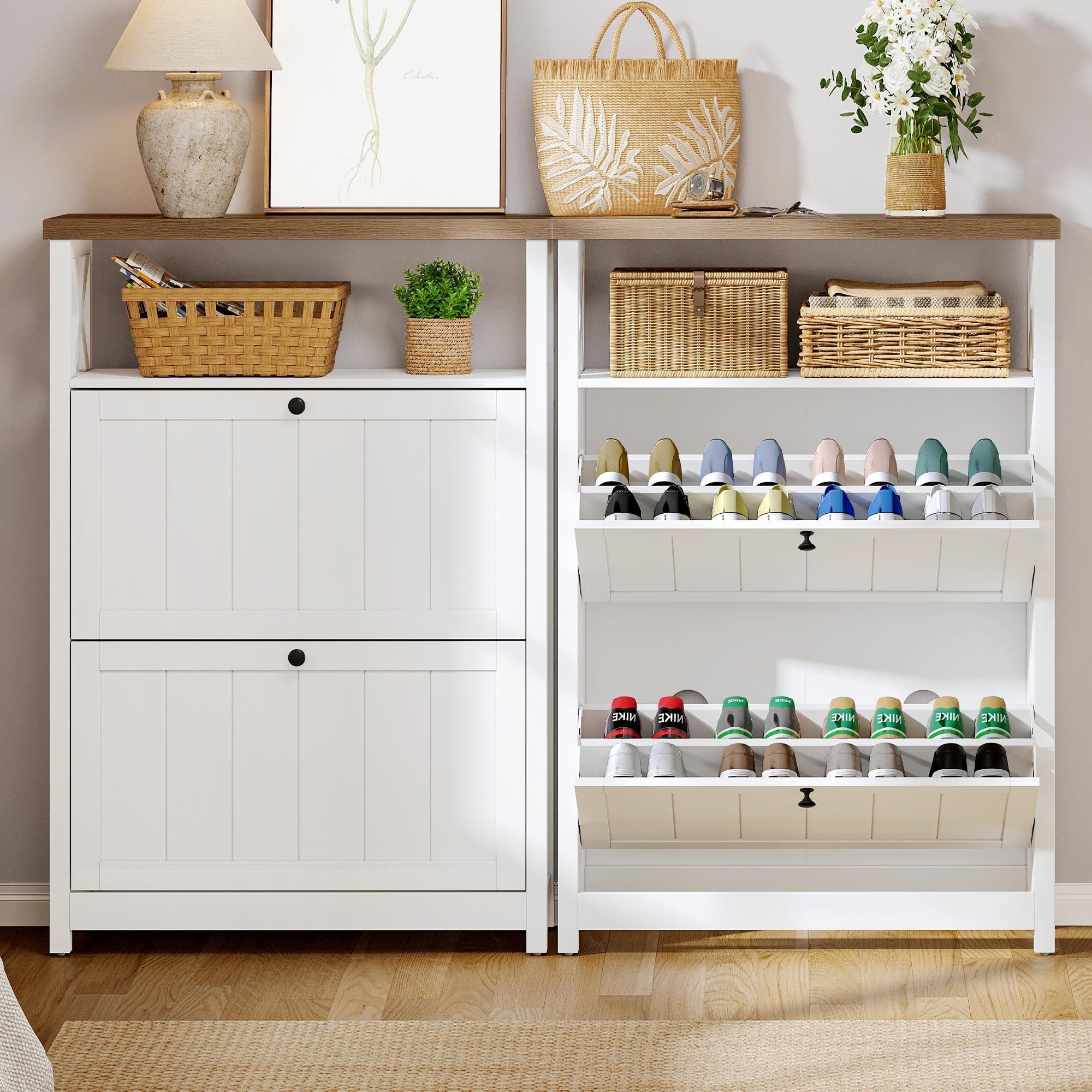 Freestanding 2 Flip Drawers Rustic Shoe Cabinet Wooden Shoe Rack Storage Organizer Cabinet with Open Shelves