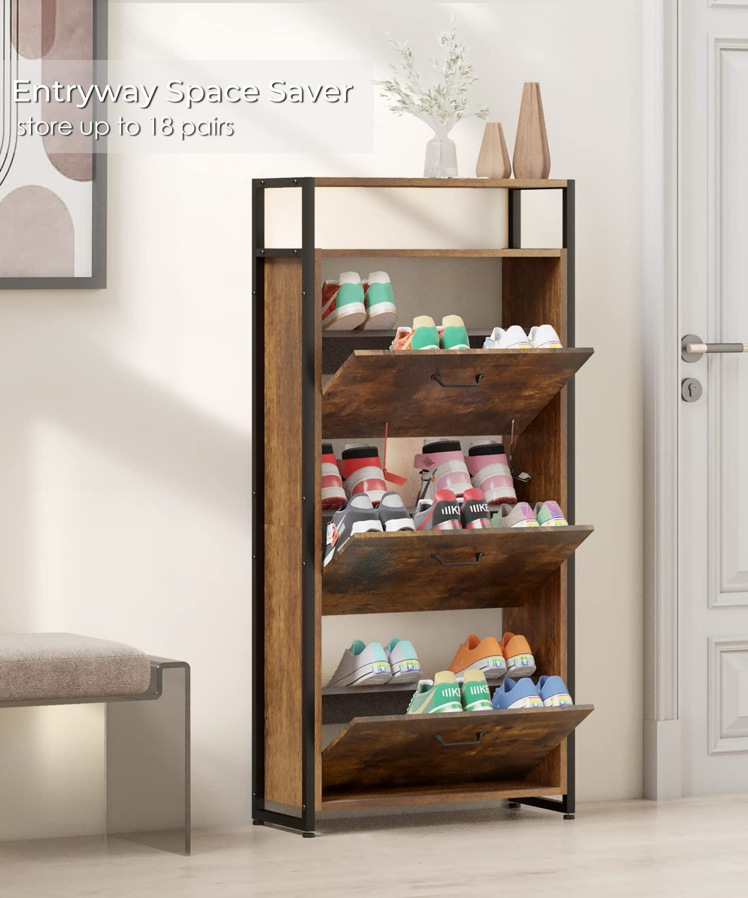 Industrial Anti-Toppling Slim Freestanding Open Shoe Shelves Cabinet Shoe Rack Storage Organizer Wooden 3 Drawers Shoe Cabinet