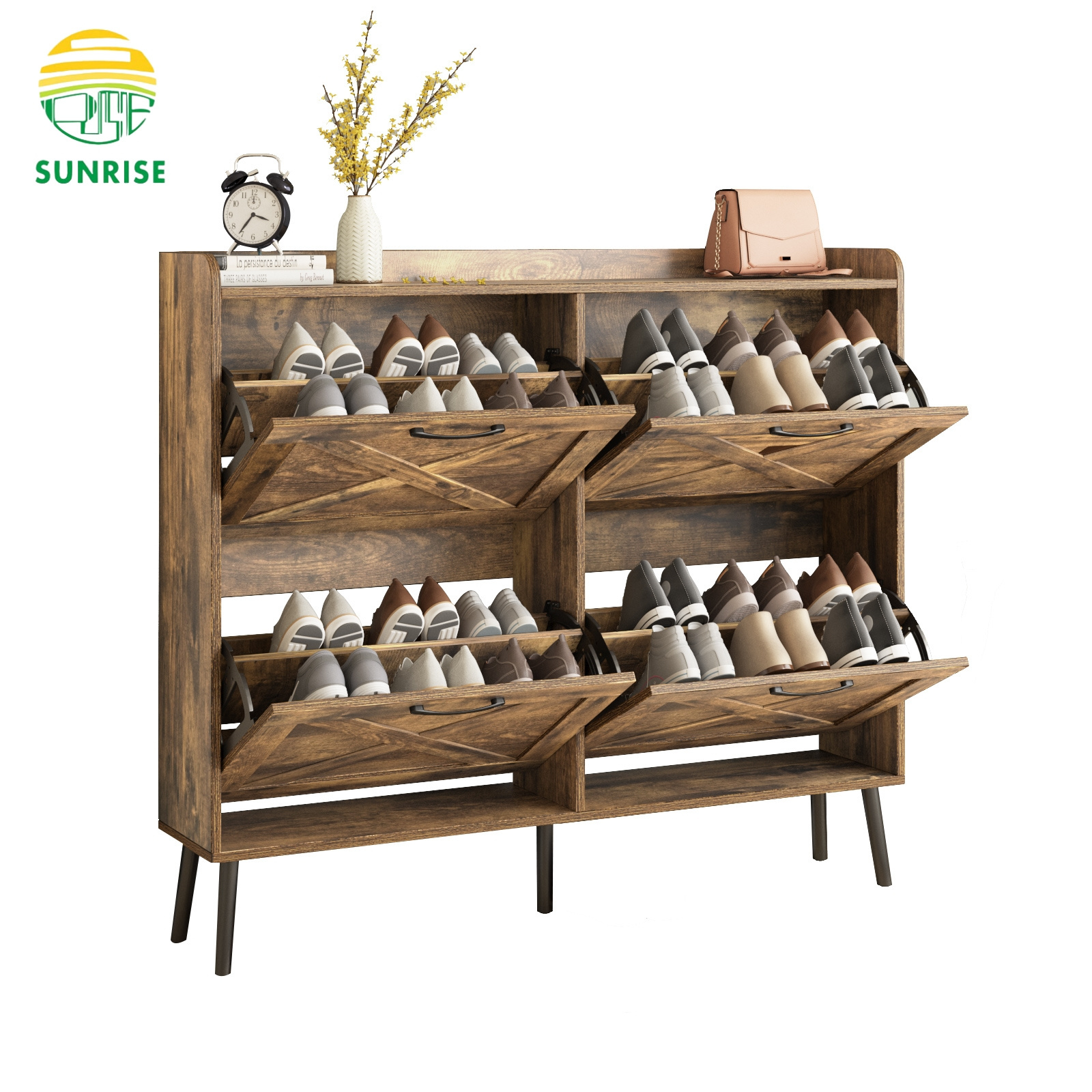 Large Freestanding Rustic Shoe Cabinet with 4 Flip Drawers Shoe Rack Storage Organizer Foldable Shoe Rack for Home