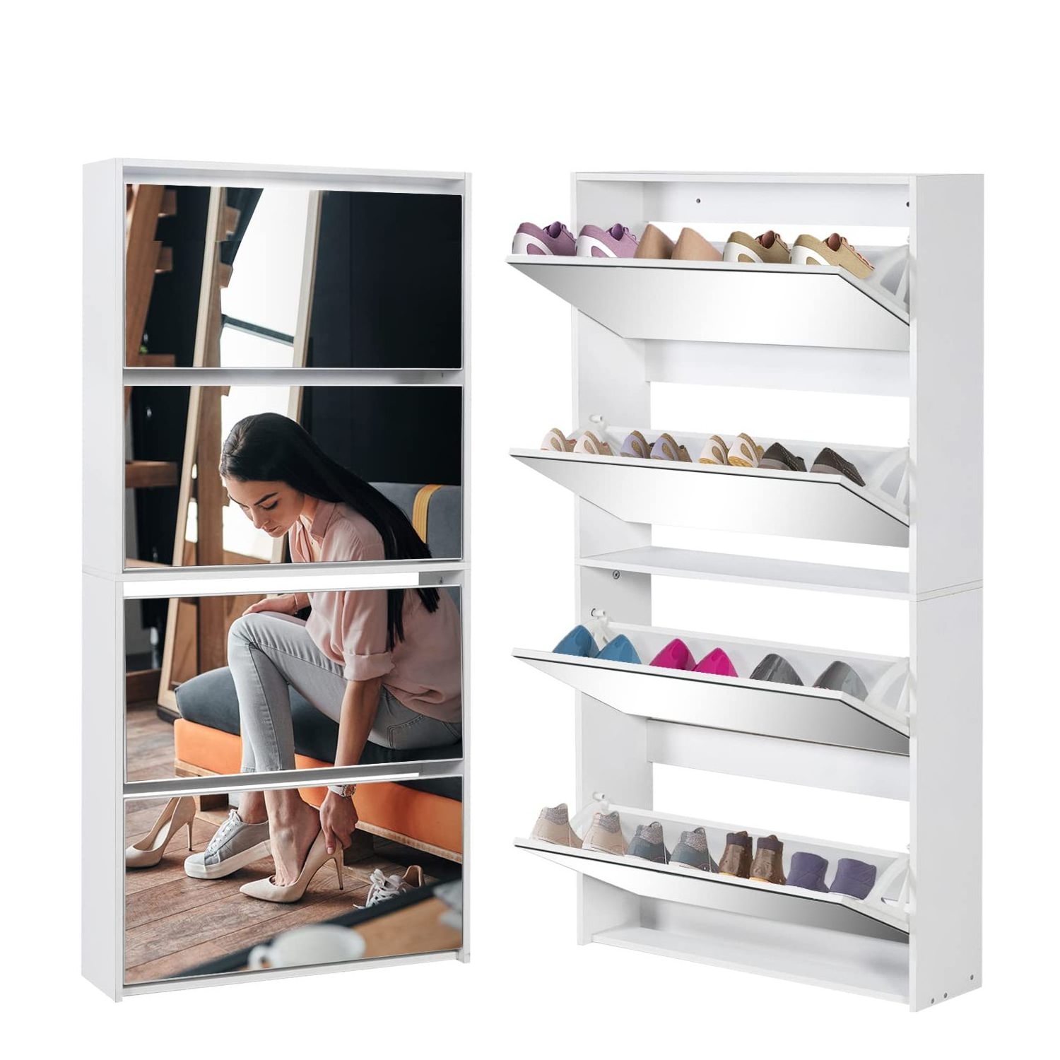 Modern Design Large Capacity Mirror Shoe Rack Storage Organizer with 4 Mirror Drawer Doors Shoe Cabinet for Entrance Entryway