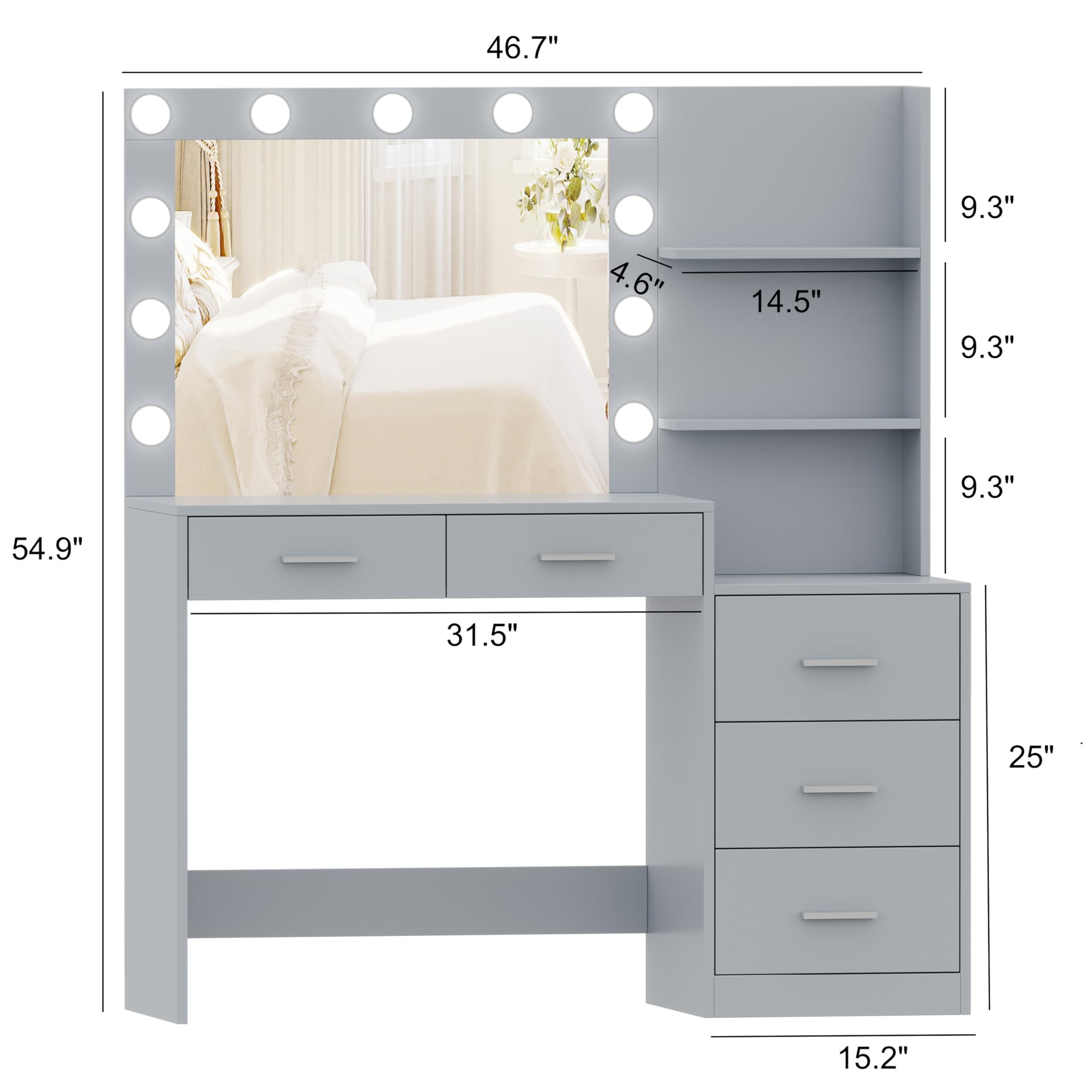 Modern Large 46.7'' Wood Bedroom Furniture Dressing Vanity Desk Table for Makeup with Stool and Lighted Hollywood Mirror