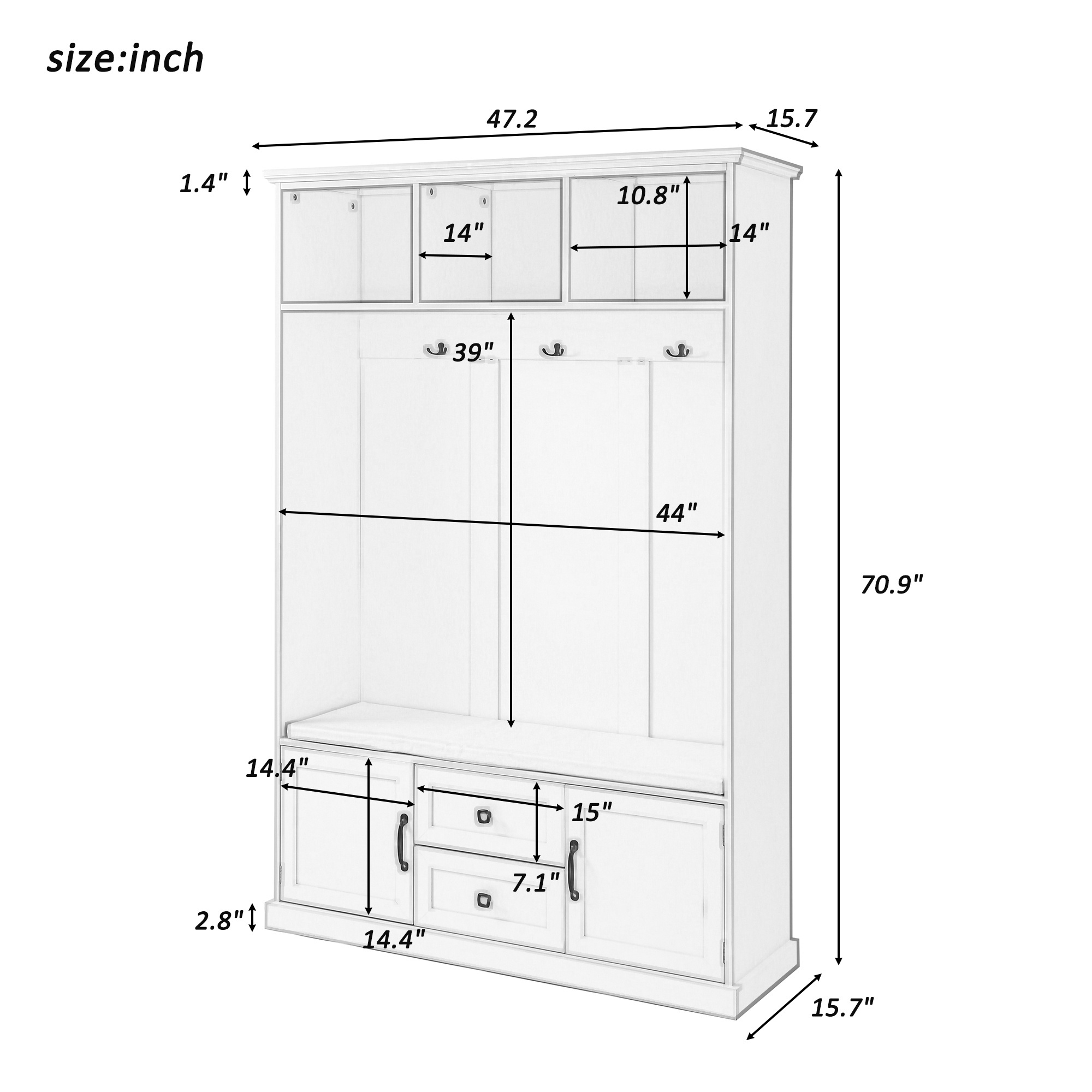 Modern Wooden Entryway Hall Tree 3 Coat Clothes Hanging Hooks and Coat Rack Stand with Shoe Storage Bench for Hallway Entrance