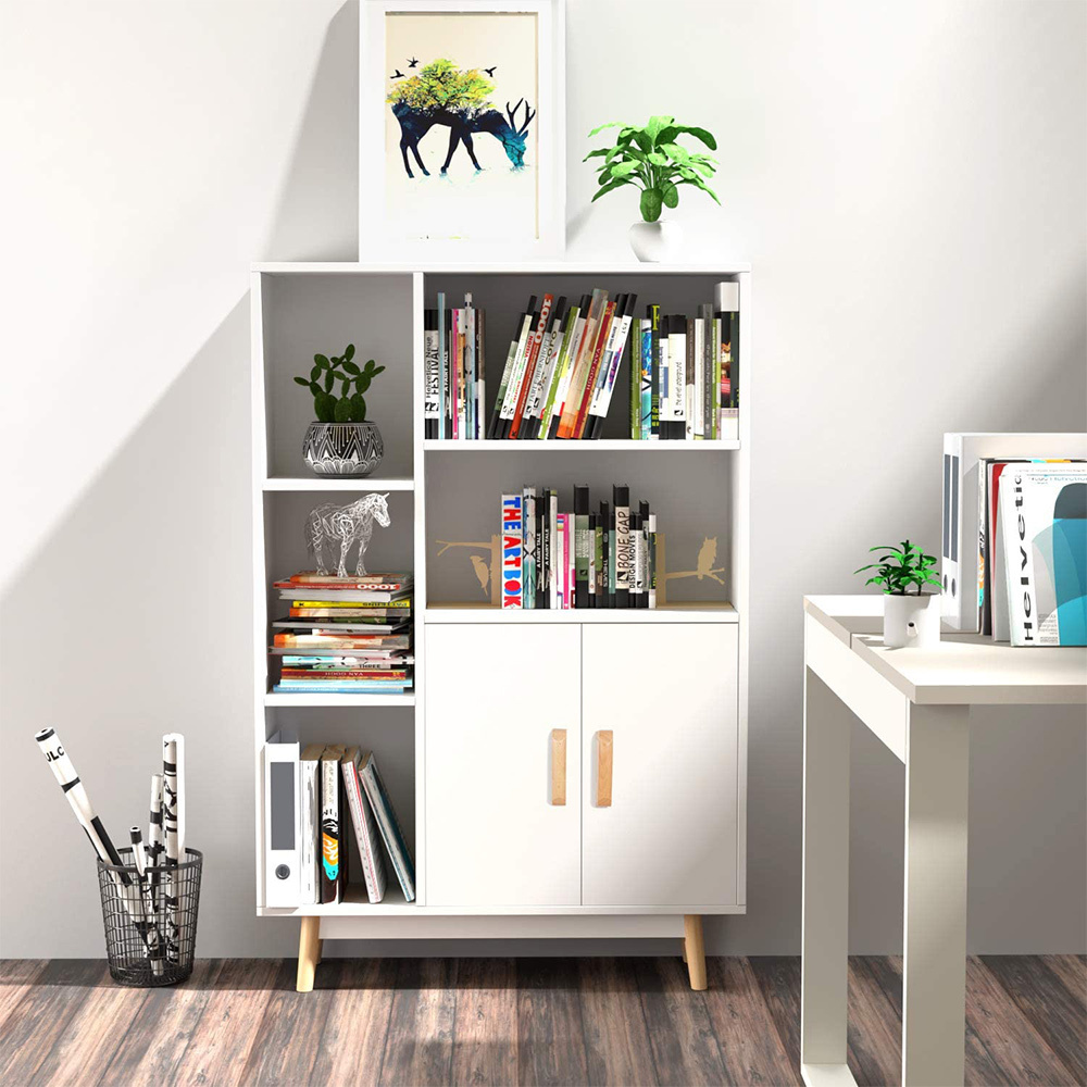 Home Furniture Modern Custom White MDF Wood Bookshelf 6 Shelf 1 Cabinet Storage Organizer Book Shelf Bookcase With 2 Door