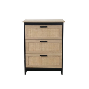 Modern Living Room Rattan Cabinet 3 Tiers Wood Drawer Chest Rattan Dresser Cabinet with Storage Drawers