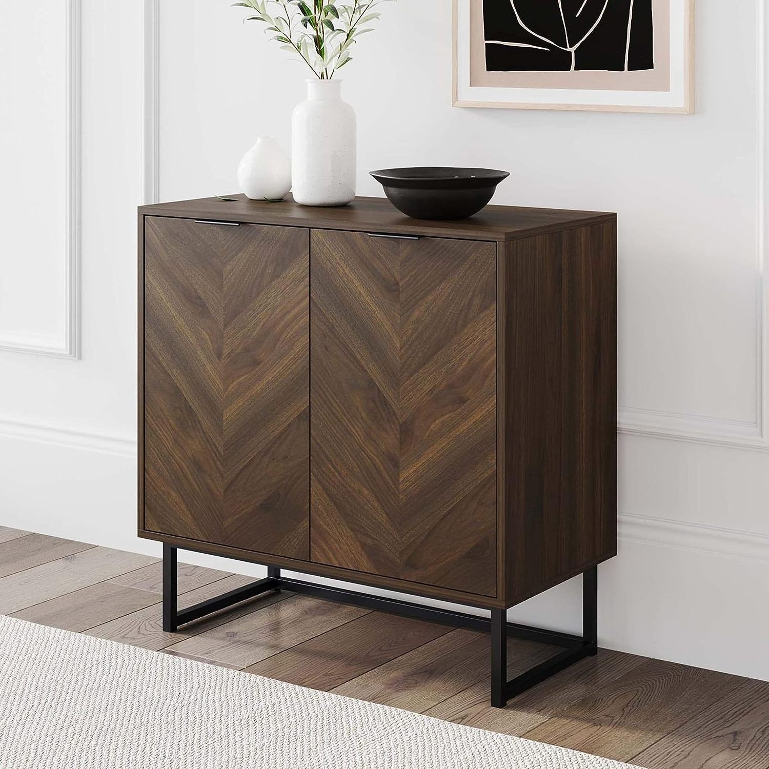 Living Room Furniture Wooden MDF  cabinet 2 Doors Storage Modern Sideboard Buffet Entryway Kitchen or Living Room Walnut Black