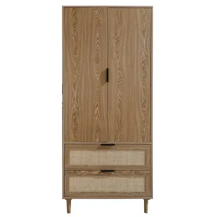 Bedroom Furniture 2 Open Door 2 Drawer Model Design Wooden Clothing Armoire Wardrobe For Clothes Storage